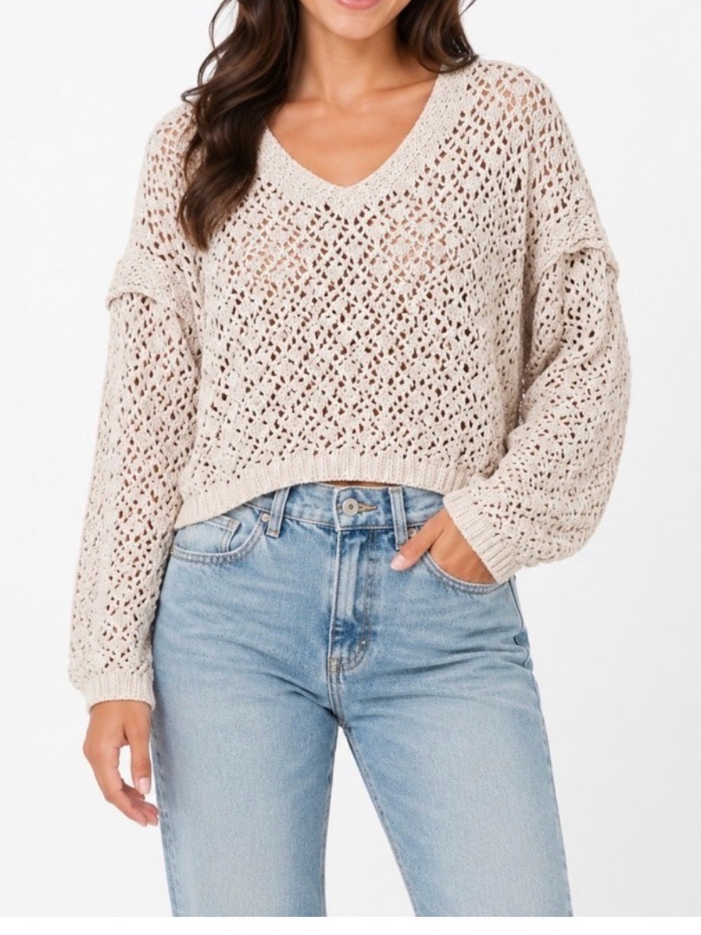 Nicole Miller Open-Knit V-Neck Sweater